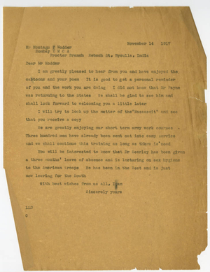 Letter from Laurence L. Doggett to Montagu F. Modder (November 14, 1917)