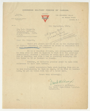 Letter from Frank B. Wilson to Laurence L. Doggett (September 9, 1918)