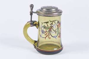 Blown Amber Glass Stein with Enameled Floral Design
