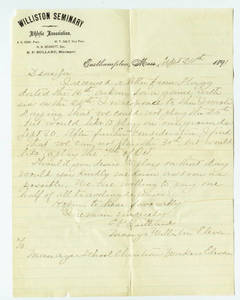Letter to Amos Alonzo Stagg from the Williston Seminary dated September 24, 1891