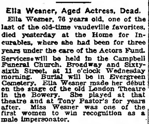 Ella Weaner, Aged Actress, Dead.