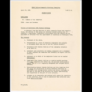 Memorandum from Jones and Snowdens to members of the Police-Community Relations Committee about conference with Captain Sullivan and meeting on April 29, 1964