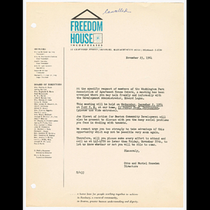 Letter from Otto and Muriel Snowden about Washington Park Association of Apartment House Owners meeting with Edward Logue, Development Administrator and Joe Slavet of Action for Boston Community Development on December 2, 1964