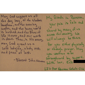 Message to the city of Boston from Long Island University; LIU Post Newman Catholic Club (LIU Post: Brookville, New York)