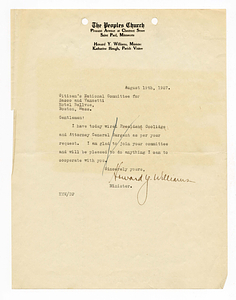 Letter from Howard Y. Williams to Sacco-Vanzetti Defense Committee, August 19, 1927