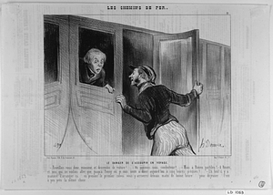 Le DANGER DE S’ASSOUPIR EN VOYAGE. – Réveillez-vous donc monsieur, et descendez de voiture!... – Où sommes-nous, conducteur?.. – Mais à Rouen parbleu! – A Rouen, et moi qui ne voulais aller que jusqu’à Poissy où je suis invité à diner aujourd’hui à cinq heures précises!... – Eh bien ! il y a manière d’arranger ça.... en prenant le premier convoi vous y arriverez demain matin de bonne heure.... pour déjeuner... c’est à peu près la même chose...
