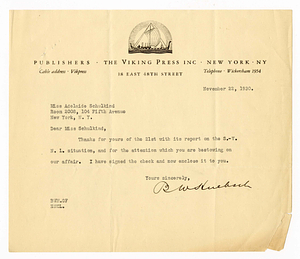 Letter from B.W. Huebsch to Adelaide Schulkind, November 22, 1930