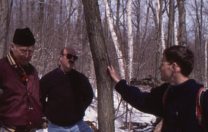 Norman E. Borlaug field trip to the Hopkins Memorial Forest. 12. Left to right: Norman E. Borlaug (U MN, Class of 1937), Peter McChesney (Class of 1975), Tim Billo (Class of 1997).