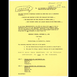 Memorandum to Washington Park Rehabilitation Area 8 and 9 residents concerning meeting to be held September 23, 1964