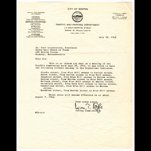 Letter from William T. Doyle to Carl Cooperstein concerning Traffic Commission meeting held June 29, 1962