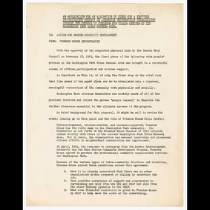 An application for an allocation of funds for a proposed demonstration project in intensive neighborhood organization towards the success of physical and social renewal in the Washington Park urban renewal area