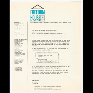 Letter from Otto Snowden to Large Apartment Building Owners (LAB) about meeting to be held May 12, 1964 at Freedom House
