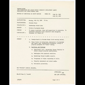 Minutes and attendance list for Bainbridge Street area meeting on July 16, 1962