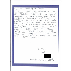 Letter of prayer and condolence from a student at St. Anthony of Padua Parish School (Fairport Harbor, Ohio)