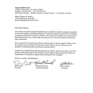 Letter from Lakeside Middle School in Norwalk, California