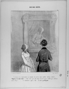 L' Artiste m'a représentée au moment ou j'écris mon sombre volume intitulé: " Vapeur de mon âme!..." l'œil n'est pas mal, mais le nez me semble pas suffisamment affligé!... (Le monsieur à part) - Oui... il n'est qu'affligeant...