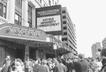Crowd on the street outside the Wang Center for the Performing Arts at the 1995 Suffolk University Commencement, photograph, 1995