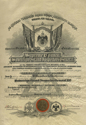 Honorary 33° certificate issued to William Batchelder Greene, 1875 August 20
