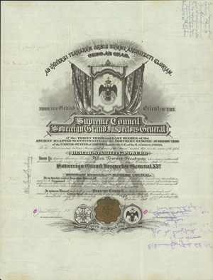Honorary 33° membership certificate issued by the Supreme Council for the Northern Masonic Jurisdiction to Allen Towner Treadway, 1912 October 1