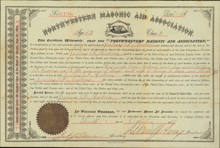 Northwestern Masonic Aid Association membership certificate for Julius B. Andrus
