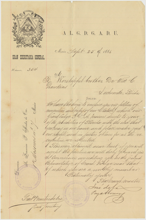 Appointment letter from the Gran Logia to DeWitt C. Dawkins, 1886 September 25