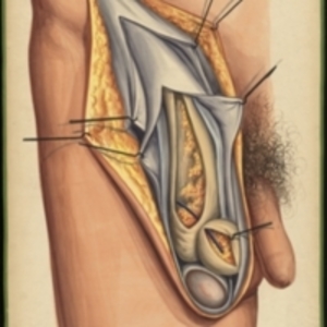 Teaching watercolor showing an inguinal hernia where one sac is within the wall of the other