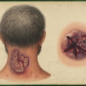 Teaching watercolor of skin disorder on the back of the neck, and of a star-shaped open wound