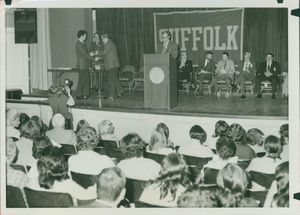 Awards being presented to Suffolk University students at the 1973 Recognition Day ceremony