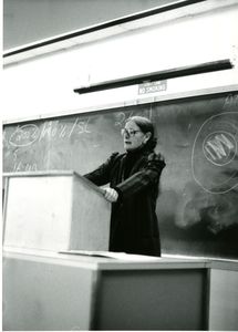 Suffolk University Professor Karen Blum (Law) teaching at podium, 1970s