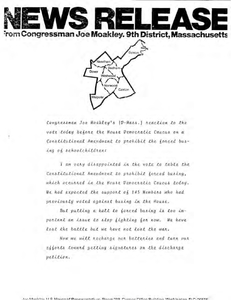 Press Release regarding John Joseph Moakley's "reaction to vote today before the House Democrats Caucus on a Constitutional Amendment to prohibit the forced busing of school children" and his testimony, November 1975