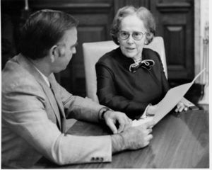 John Joseph Moakley and Senator Edith Green (D- Oregon) meet about anti-busing legislation, 13 March 1974