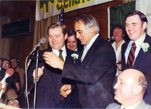 William M. Bulger and others at the microphone at Saint Patrick's Day event in South Boston, Mass., 1970s
