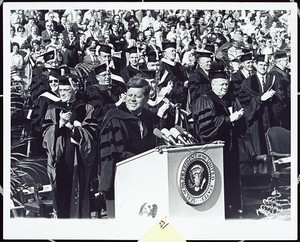 President John F. Kennedy addressing students at Boston College's 1963 convocation