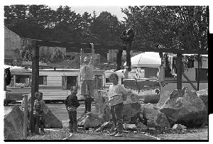 Traveller families in a layby outside of Downpatrick, Co. Down. Children playing on the site