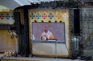 View of the Papal Legate, His Eminence Marc, Cardinal Ouellet shown on the large screen as he spoke at the 2012 50th Eucharistic Congress, Final Day Ceremony, 17th June, at Croke Park GAA Stadium, Dublin