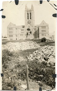 Gasson Hall exterior: front during construction on campus