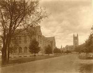 Saint Mary's Hall, Gasson Hall, and construction near Bapst Library looking down Linden Lane, by Clifton Church