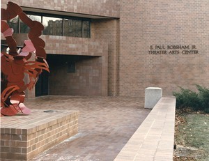 Robsham Theatre exterior: dedication, front entrance with sculpture on left