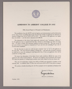 Amherst College annual report to secondary schools and report on admission to Amherst College, 1951
