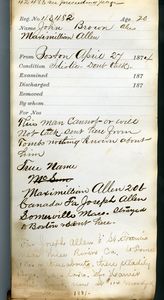 Tewksbury Almshouse Intake Record: Allen, Maximilian