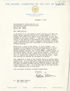 Letter from Boston School Committee member Kathleen Sullivan to Judge W. Arthur Garrity, 1975 November 3