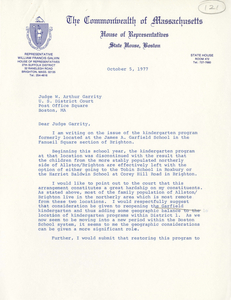 Letter from William F. Galvin, Massachusetts State Representative, to Judge W. Arthur Garrity, 1977 October 5