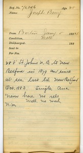 Tewksbury Almshouse Intake Record: Berry, Joseph