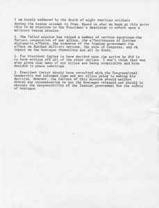 Tsongas' reaction to the President's decision to embark upon a military rescue mission after the death of eight American soldiers during the rescue attempt in Iran