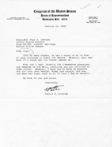 Letter from Walter P. Kennedy (Minority Sergeant at Arms) to Paul E. Tsongas