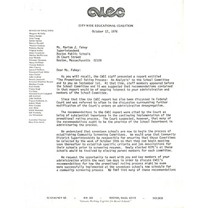 Letter to Marion J. Fahey from Citywide Educational Coalition, October 12, 1976.