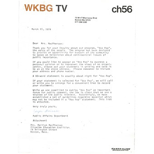 Letter, WKBG-TV, March 11, 1974.