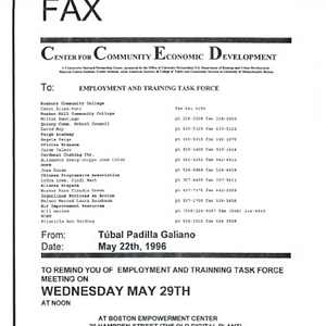 Faxes from the Center for Community Economic Development concerning meetings of the Employment and Training Task Force