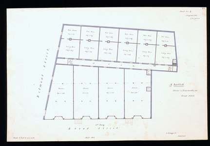 First floor plan of stores and tenements for Matthew Bartlett, Broad and Belmont Streets, Boston, Mass., 1856