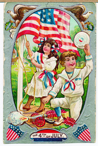 Drawn patriotic girl and boy celebrate the 4th of July, location unknown, undated